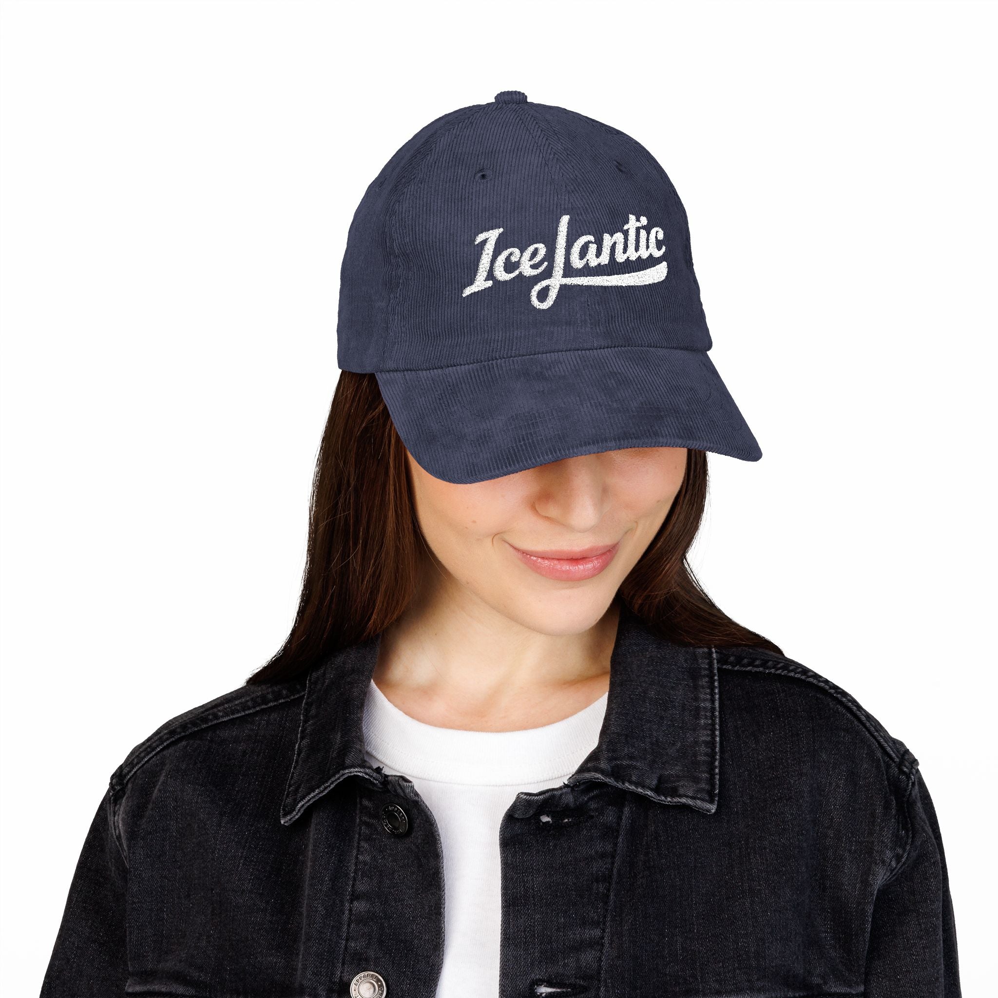 Vintage Corduroy Baseball Cap — Embroidered "IceLantic" Script